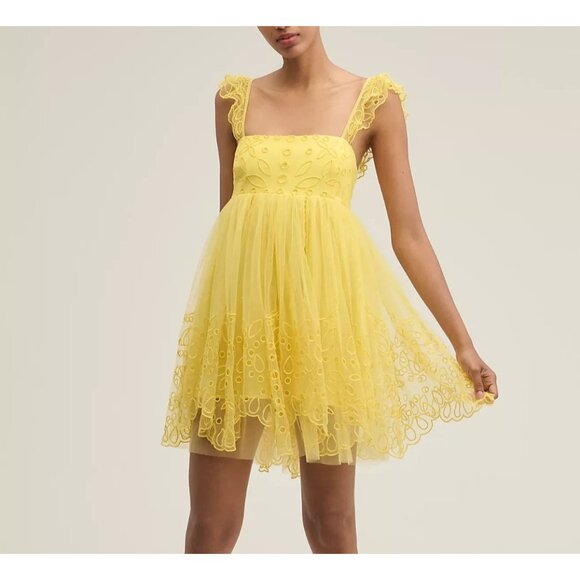 Let Me Be Eyelet Yellow Tulle Mini Dress L - Picture 1 of 4